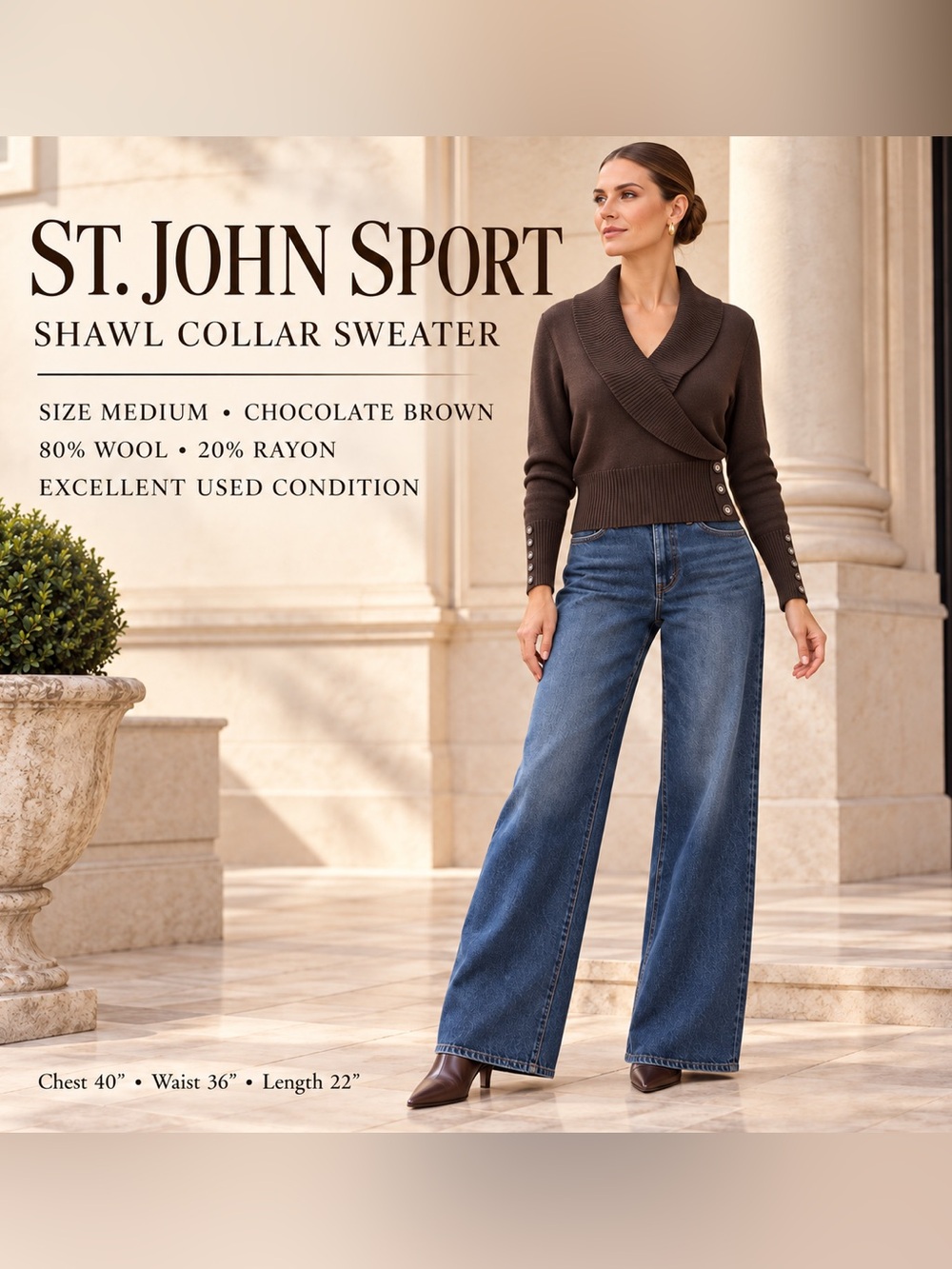 ST. JOHN SPORT Brown Shawl Collar Sweater Medium Side & Cuff Buttons Wool Blend